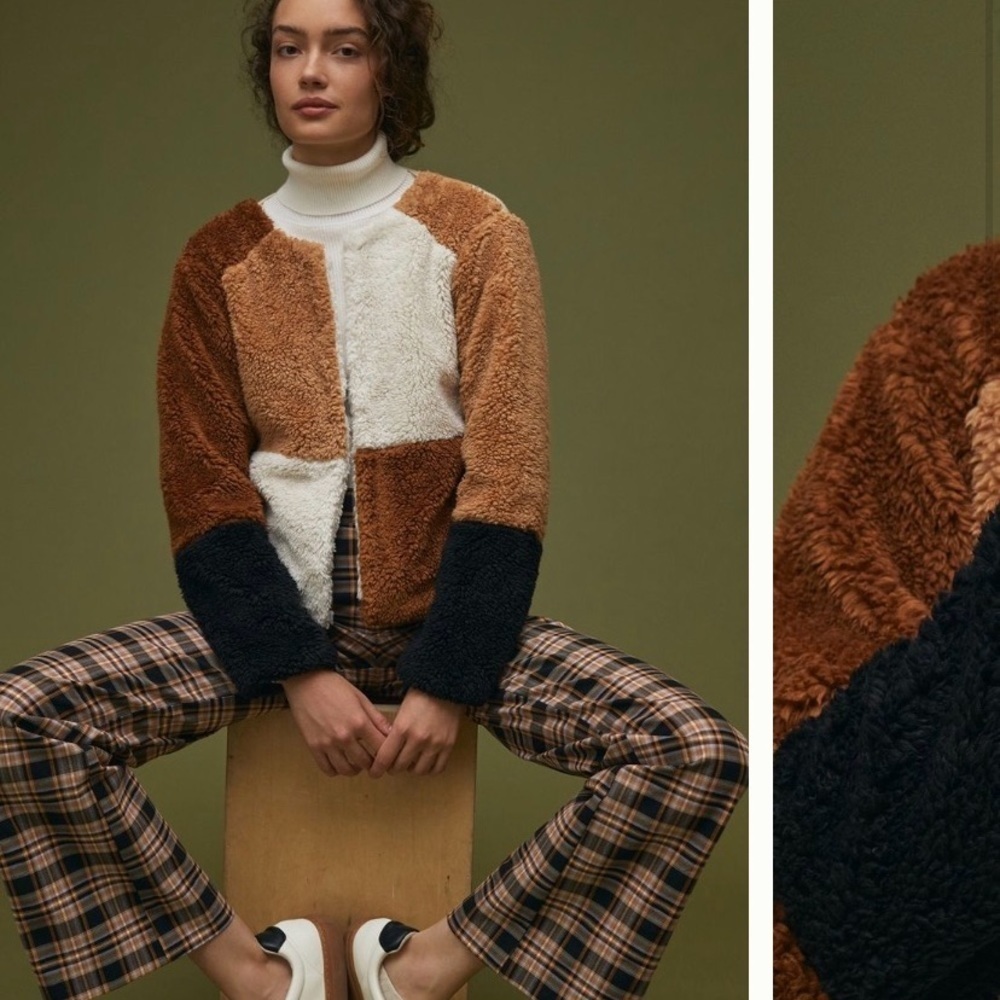 Anthropologie NWT Colorblocked Faux Fur Jacket Size M.